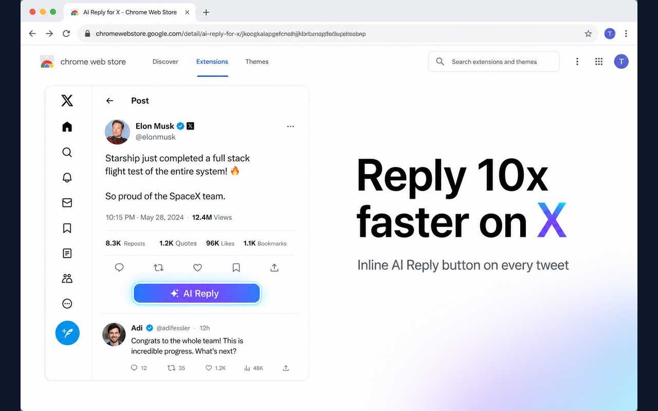 ReplyForgeAI inline AI Reply button on an X post