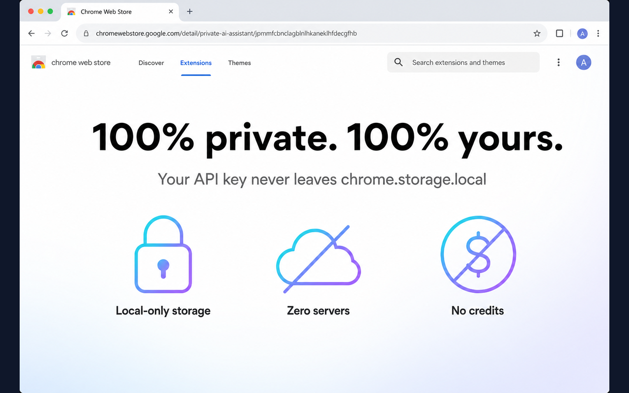 ReplyForgeAI privacy screen showing local-only storage and zero servers